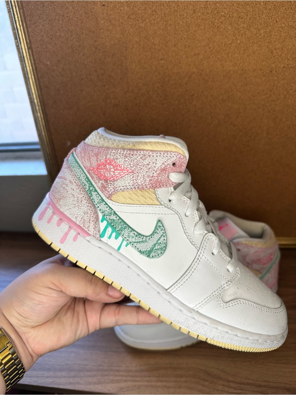 Nike Kids White Pink Teal High-Top Sneakers with Drip Swoosh